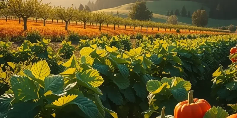 A vibrant field rich in healthy vegetables and fruits glowing in natural sunlight.