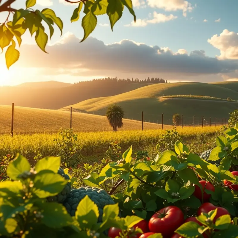 A sunlit field showcasing vibrant vegetables and fruits that symbolize freshness and health.