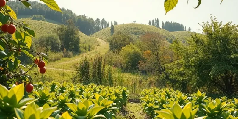 A beautiful landscape of an organic harvest filled with fresh vegetables and fruits under soft sunlight.