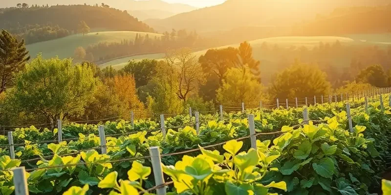 An inviting sunlit orchard filled with fresh fruits and vegetables.