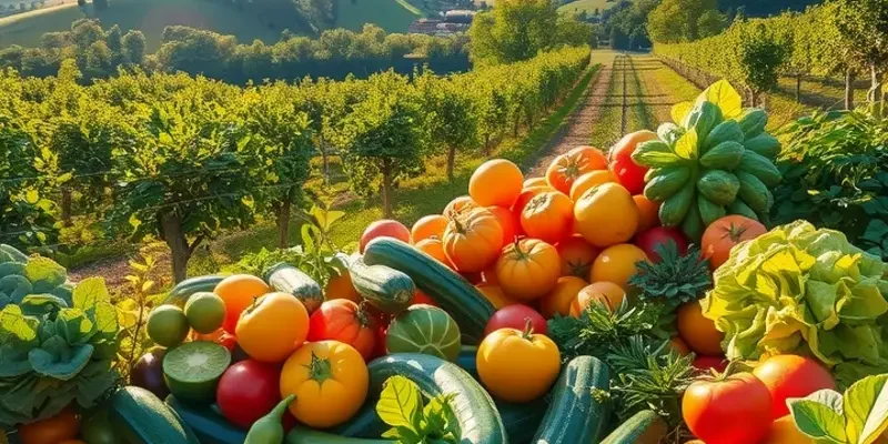 A picturesque orchard filled with fresh fruits and vegetables, radiating natural beauty.