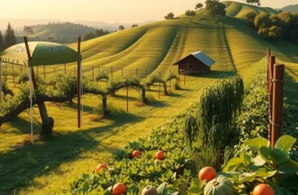 A scenic landscape featuring colorful vegetables and fruits under warm sunlight.