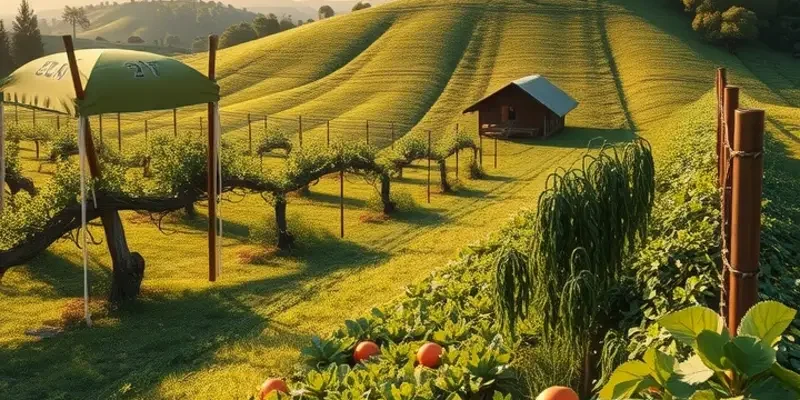 A scenic landscape featuring colorful vegetables and fruits under warm sunlight.