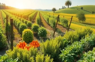 A sunlit orchard showcasing organic fruits and vegetables amidst lush scenery.