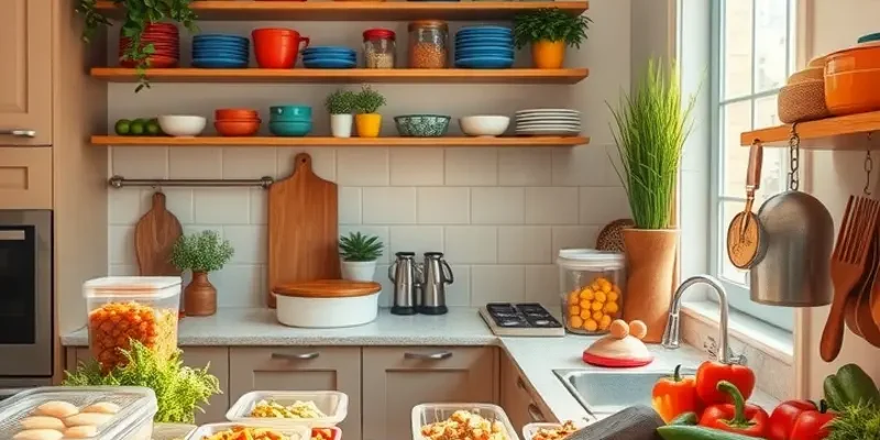 A vibrant, sunlit orchard filled with healthy vegetables and fruits surrounded by lush greenery.