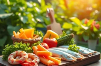 A scenic view of an organic field with vibrant vegetables growing among lush greenery under soft light.