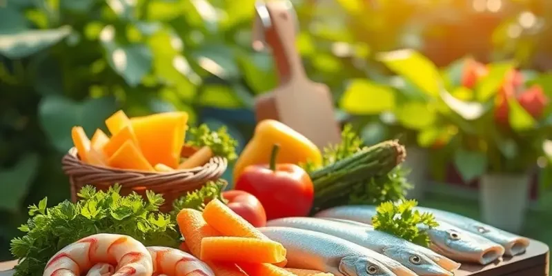 A scenic view of an organic field with vibrant vegetables growing among lush greenery under soft light.