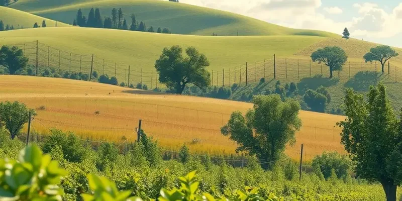 Photorealistic depiction of a sunlit field filled with various fruits and vegetables, evoking a sense of freshness and natural abundance.