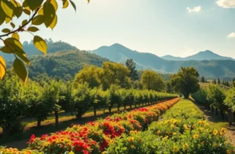 A tranquil landscape with lush organic fields rich in healthy produce illuminated by soft sunlight.
