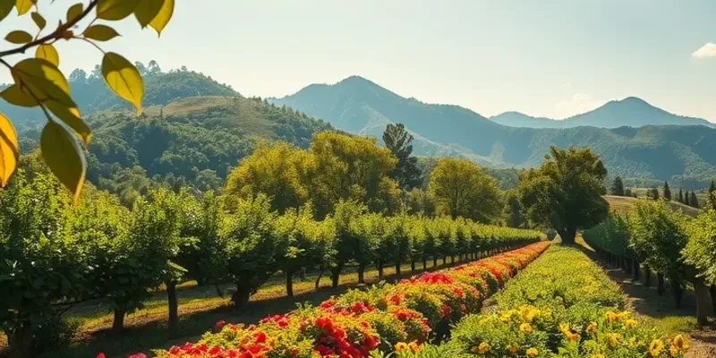 A tranquil landscape with lush organic fields rich in healthy produce illuminated by soft sunlight.