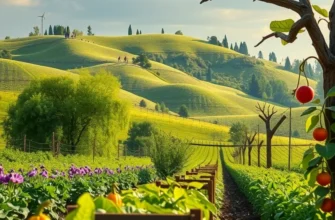 A peaceful scene showing an orchard filled with fresh vegetables and fruits amid lush greenery.