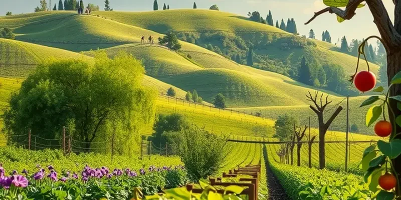 A peaceful scene showing an orchard filled with fresh vegetables and fruits amid lush greenery.