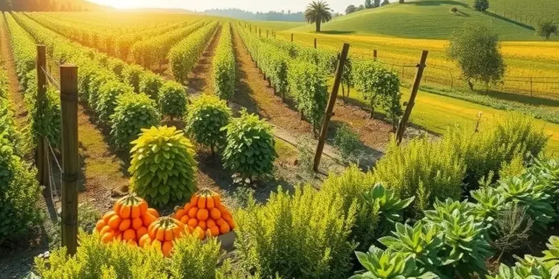 A sunlit orchard showcasing organic fruits and vegetables amidst lush scenery.