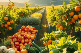 Photorealistic landscape showcasing a sunlit orchard filled with vibrant fruits and vegetables in a lush green setting.