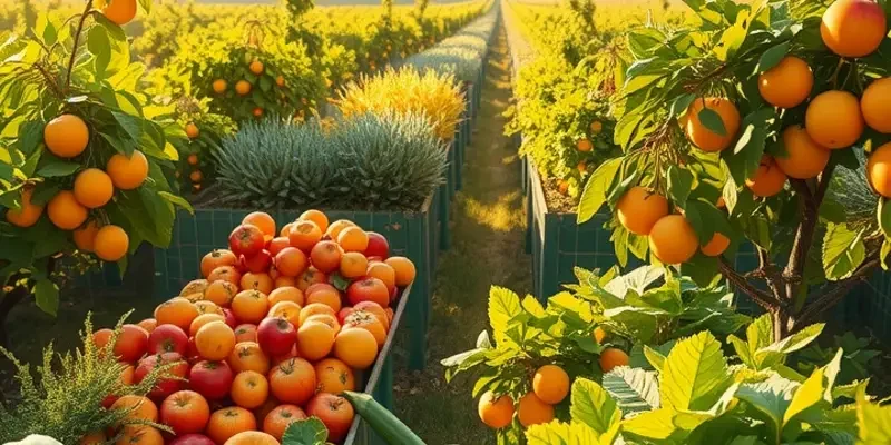 Photorealistic landscape showcasing a sunlit orchard filled with vibrant fruits and vegetables in a lush green setting.