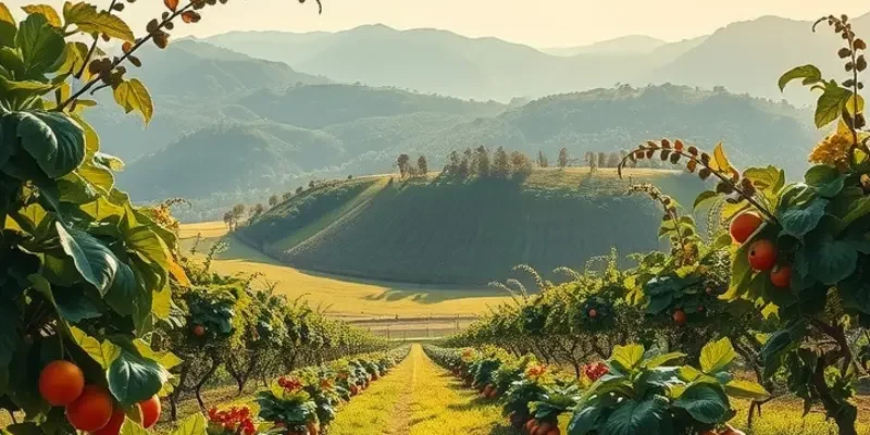 A peaceful landscape featuring an abundance of organic foods and natural elements.