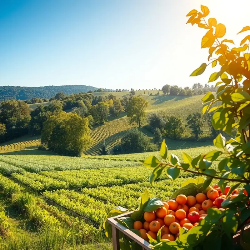 A sunlit field showcasing lush vegetables and fruits.