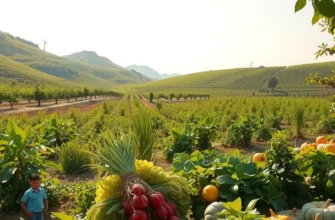 An organic field abundant with fruits and vegetables under warm sunlight.