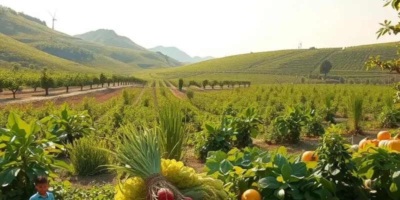 An organic field abundant with fruits and vegetables under warm sunlight.