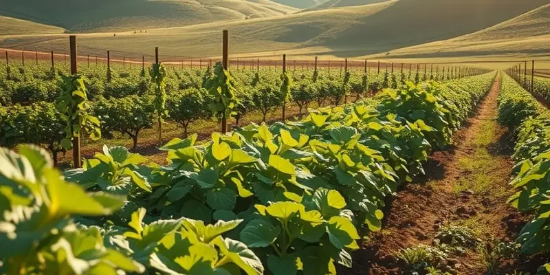 A natural landscape emphasizing a sunlit field filled with organic vegetables and fruits.