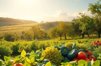 A scenic sunset view over a field abundant with organic fruits and vegetables.