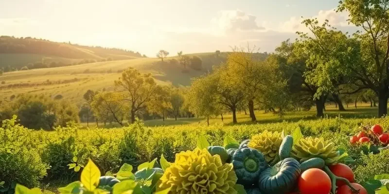 A scenic sunset view over a field abundant with organic fruits and vegetables.
