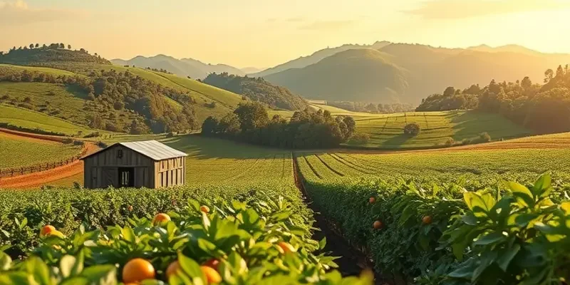 A sun-drenched field displaying vibrant vegetables and fruits among lush greenery.