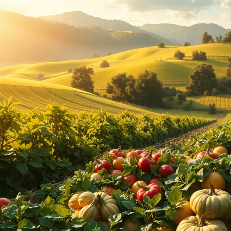 A serene sunlit field showcasing the abundance of organic produce.