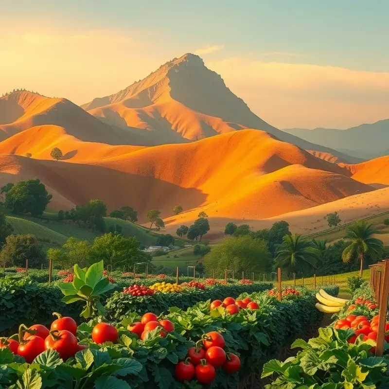 A sunlit orchard filled with vibrant fruits and vegetables, representing the abundance of nature.