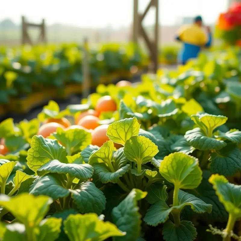 A sunlit field showcasing a variety of vibrant vegetables and fruits.