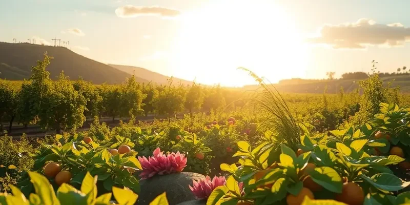 An expansive view of an organic landscape filled with vibrant fruits and vegetables.