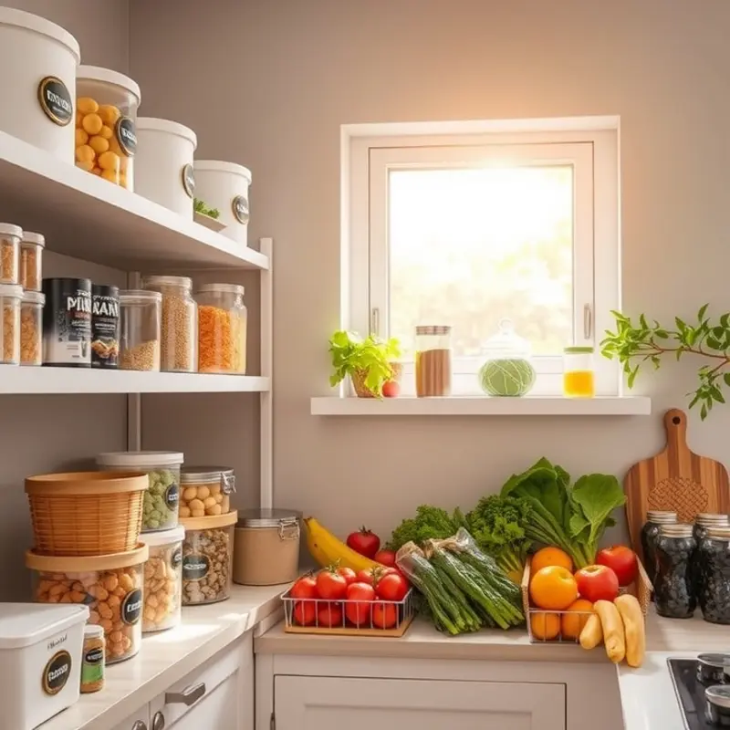 A clean and organized kitchen promoting safe food storage practices.