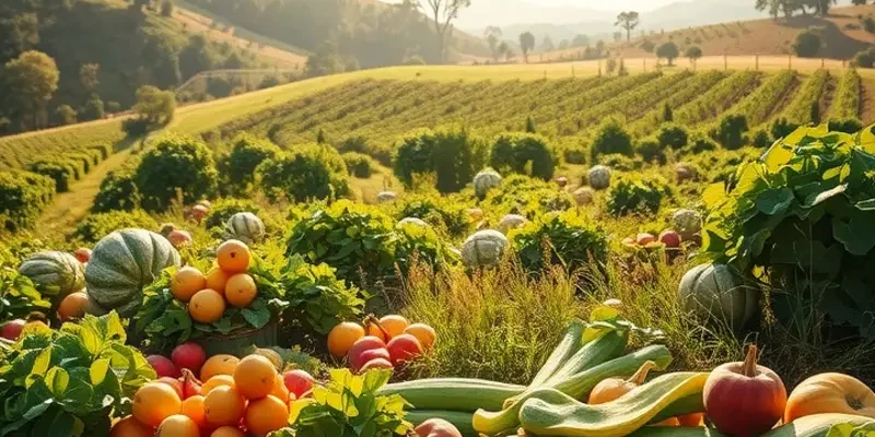 A sunlit orchard filled with lush greenery and colorful produce, emphasizing the theme of organic culinary traditions.