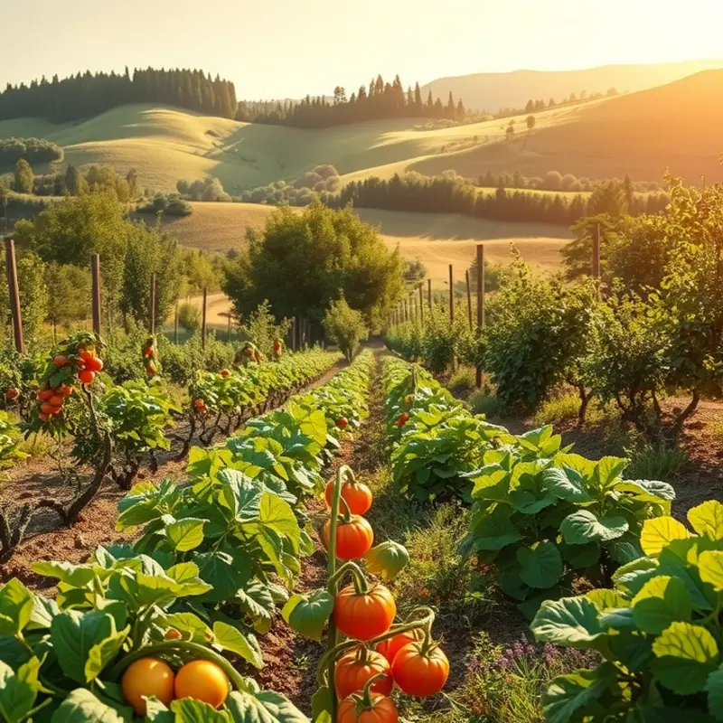 A scenic orchard teeming with organic produce, symbolizing the fresh ingredients used in pancake recipes worldwide.