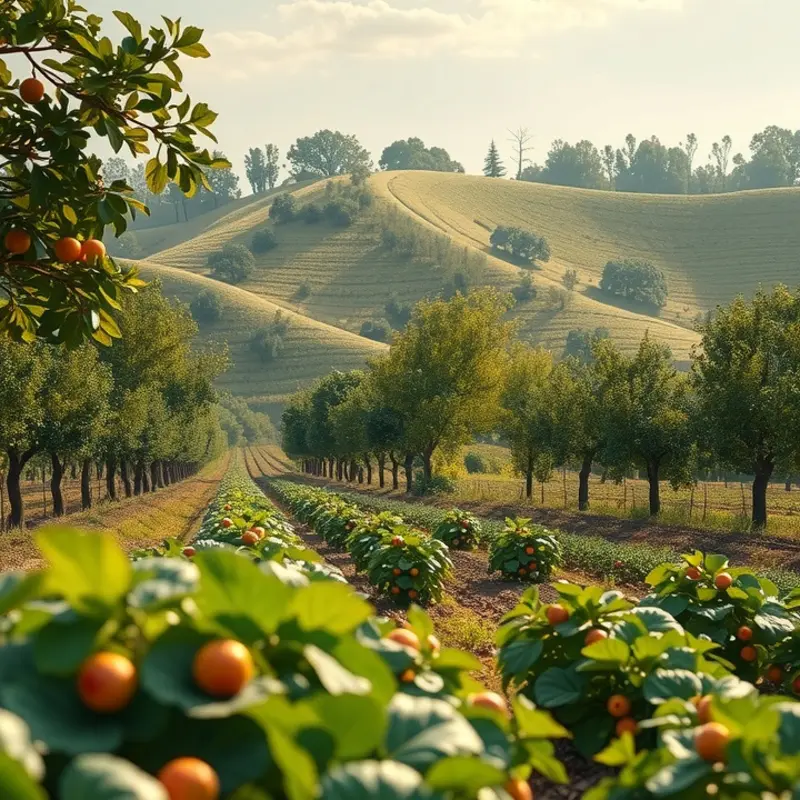 A scenic orchard teeming with organic produce, symbolizing the fresh ingredients used in pancake recipes worldwide.