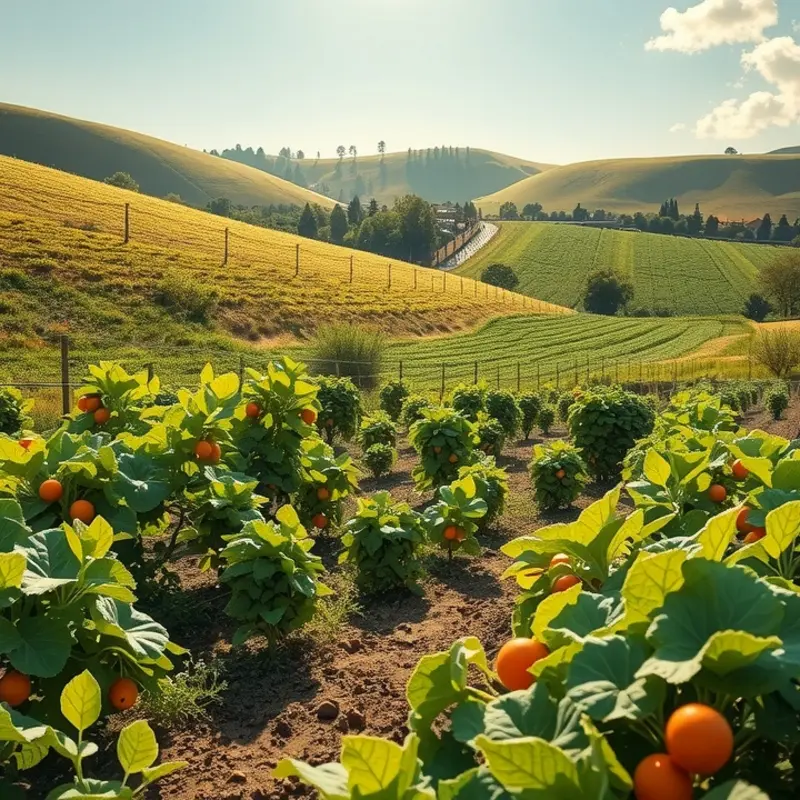 A vibrant garden filled with organic fruits and vegetables under the warm sunlight.
