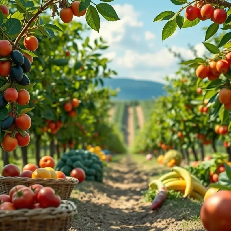 A vibrant field abundant with organic fruits and vegetables, symbolizing the essence of mindful eating.