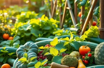 A landscape of a sunlit field filled with fresh vegetables and fruits growing among lush green hills.