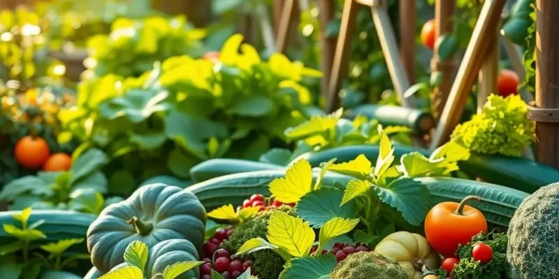 A landscape of a sunlit field filled with fresh vegetables and fruits growing among lush green hills.