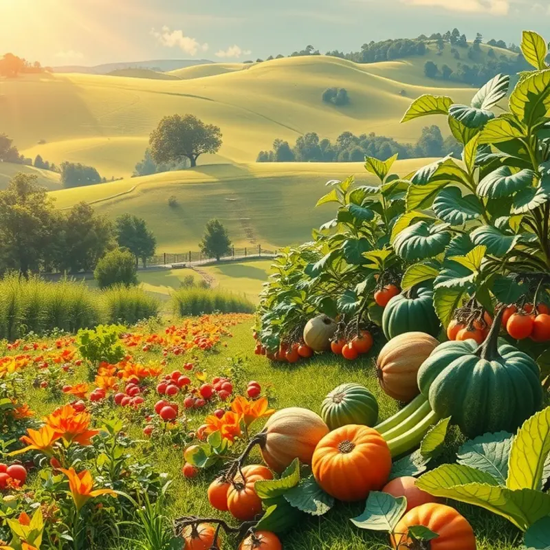 A sunlit orchard filled with abundant seasonal fruits and lush greenery.