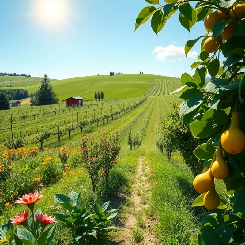 A sunlit orchard featuring vibrant nuts and fruits.