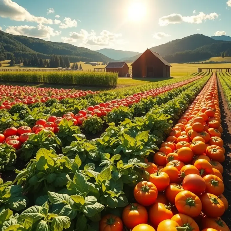 A vibrant sunlit field showcasing organic produce in harmony with nature.