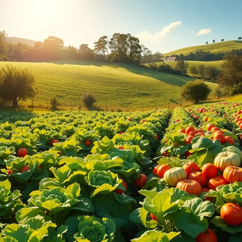 A vibrant sunlit field full of organic vegetables and fruits.