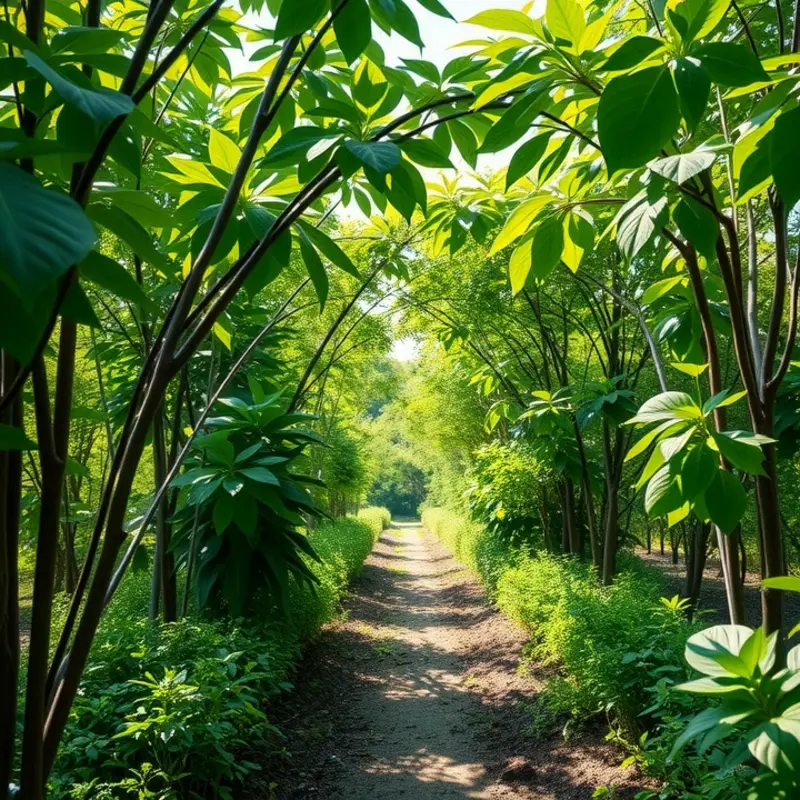 A vibrant food forest brimming with diverse plants, fruits, and vegetables.