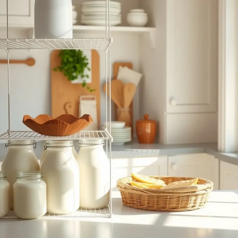 A bright kitchen showcasing organized storage of powdered milk.