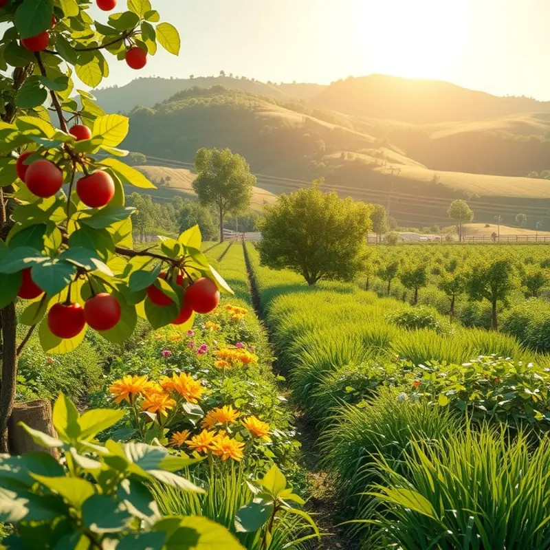 A serene Scandinavian landscape showcasing vibrant fruits and vegetables.