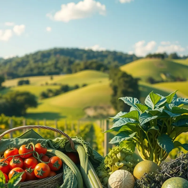 A vibrant sunlit field showcasing organic vegetables and fruits.