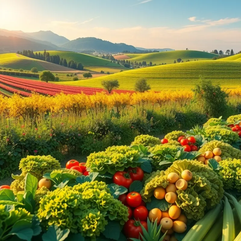 A sunlit orchard filled with vibrant vegetables and fruits.