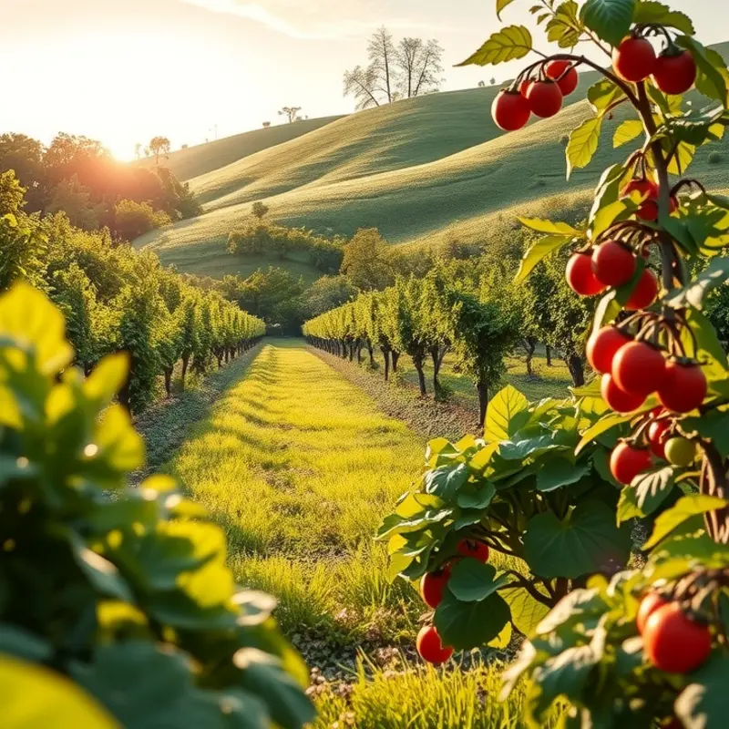 A sunlit field showcasing a vibrant array of organic fruits and vegetables ready for meal prep.