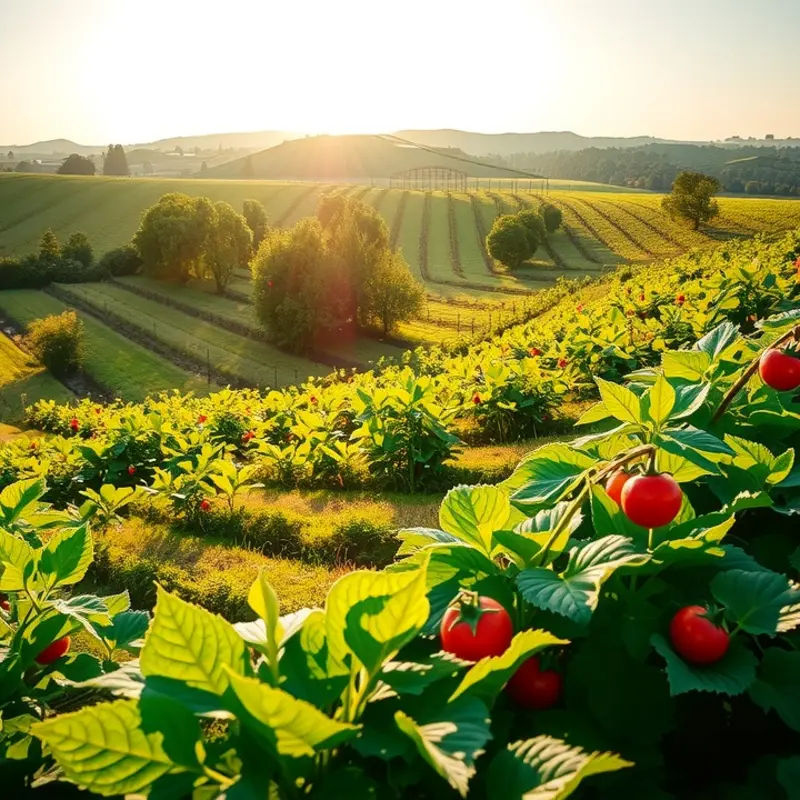 A vibrant field abundant with fresh vegetables and fruits, representing the essence of meal prep.